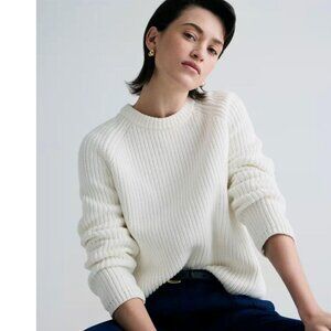 Quince 100% Organic Cotton Fisherman Ribbed Crewneck Sweater in Ivory SZ Large